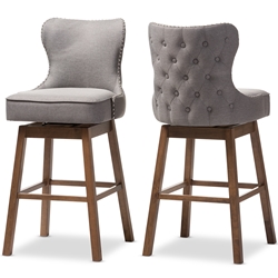 Baxton Studio Gradisca Modern and Contemporary Brown Wood Finishing and Grey Fabric Button-Tufted Upholstered Swivel Barstool